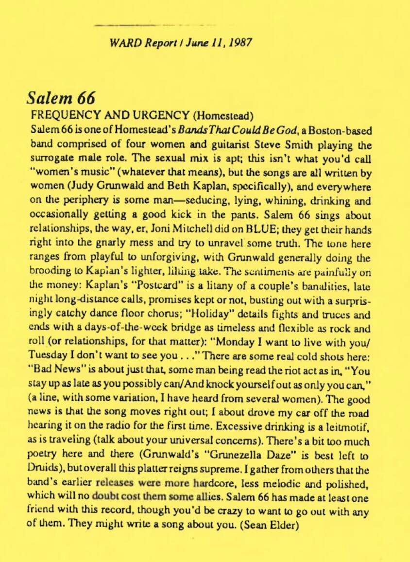 A review of Salem 66 by Sean Elder in The WARD Report from 1987. (Courtesy Salem 66)